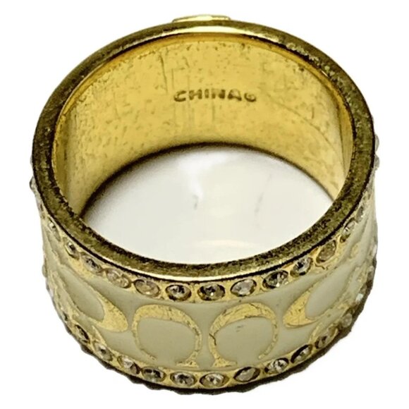 Auth COACH - Cream Gold Clear Hardware Rhinestones Ring #7 1/2 - Picture 1 of 5